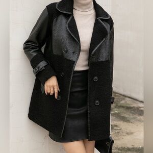Black Faux Fur & Leather Panel Coat – Y2K Gothic Statement Outerwear